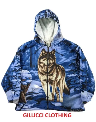 Wolf Design Printed Fleece EXTRA Thick Heavy Weight Furlined Hooded Full Zip | Gillicci Clothing