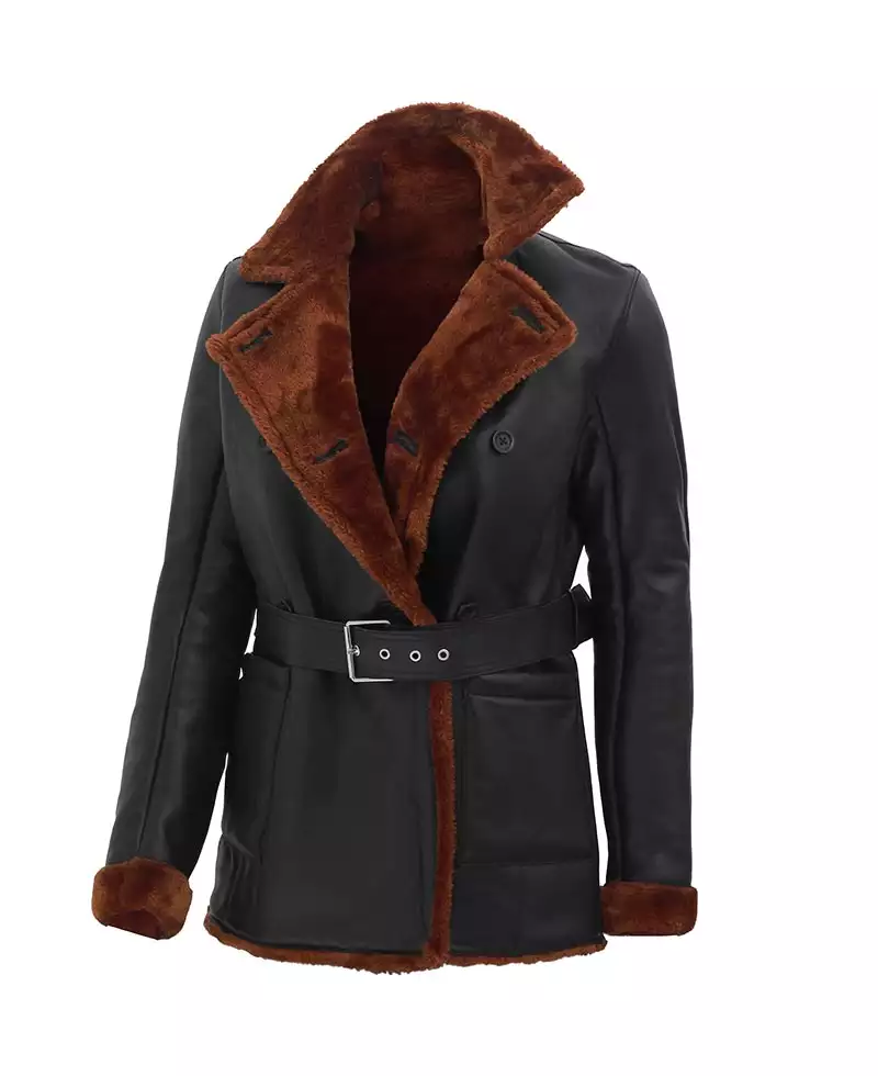 Women's Black Leather Belted Shearling Coat - Double-Breasted Style