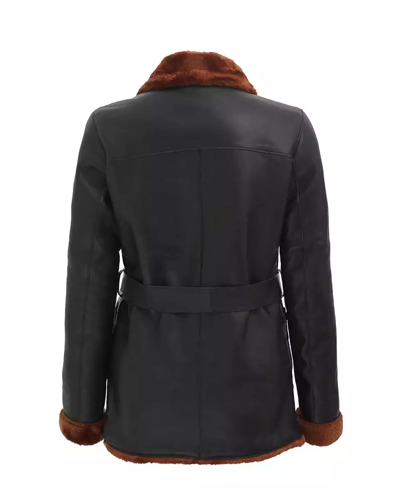 Women's Black Leather Belted Shearling Coat - Double-Breasted Style