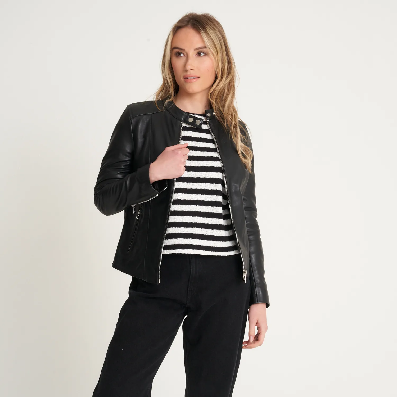 Women's Tab Neck Leather Racer Jacket - Charlotte - Barneys Originals