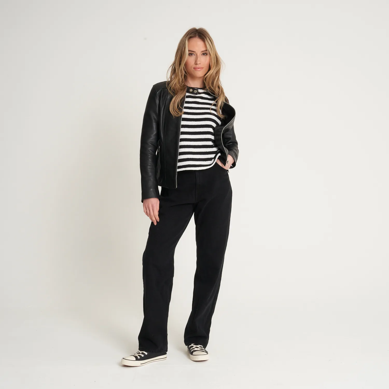 Women's Tab Neck Leather Racer Jacket - Charlotte - Barneys Originals