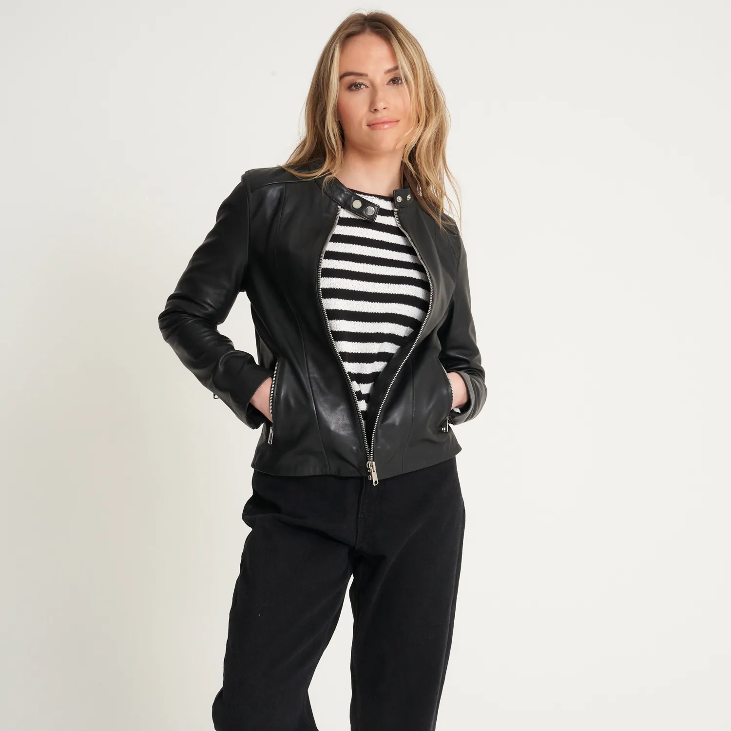 Women's Tab Neck Leather Racer Jacket - Charlotte - Barneys Originals