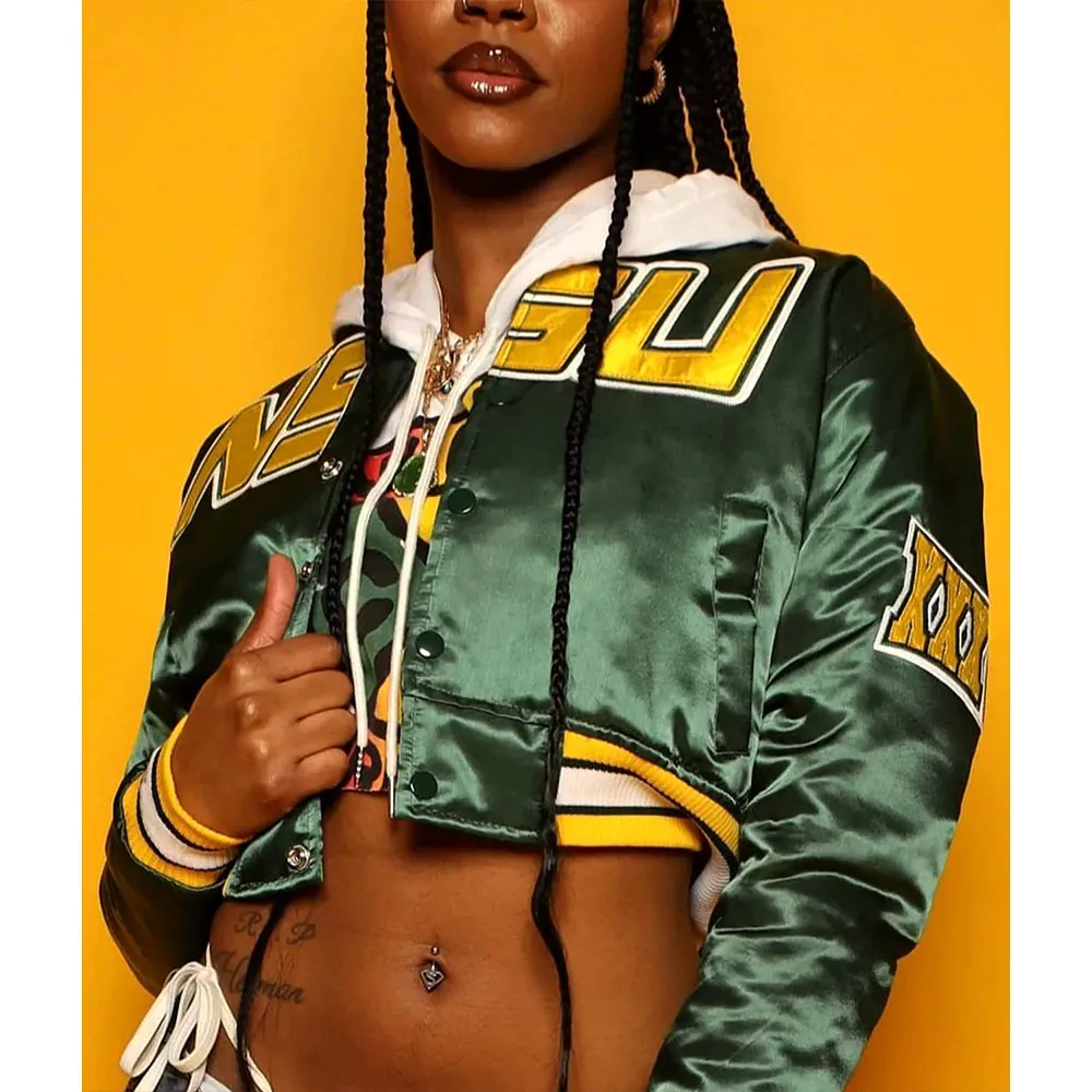 Women’s Cropped Norfolk State University Green Satin Jacket