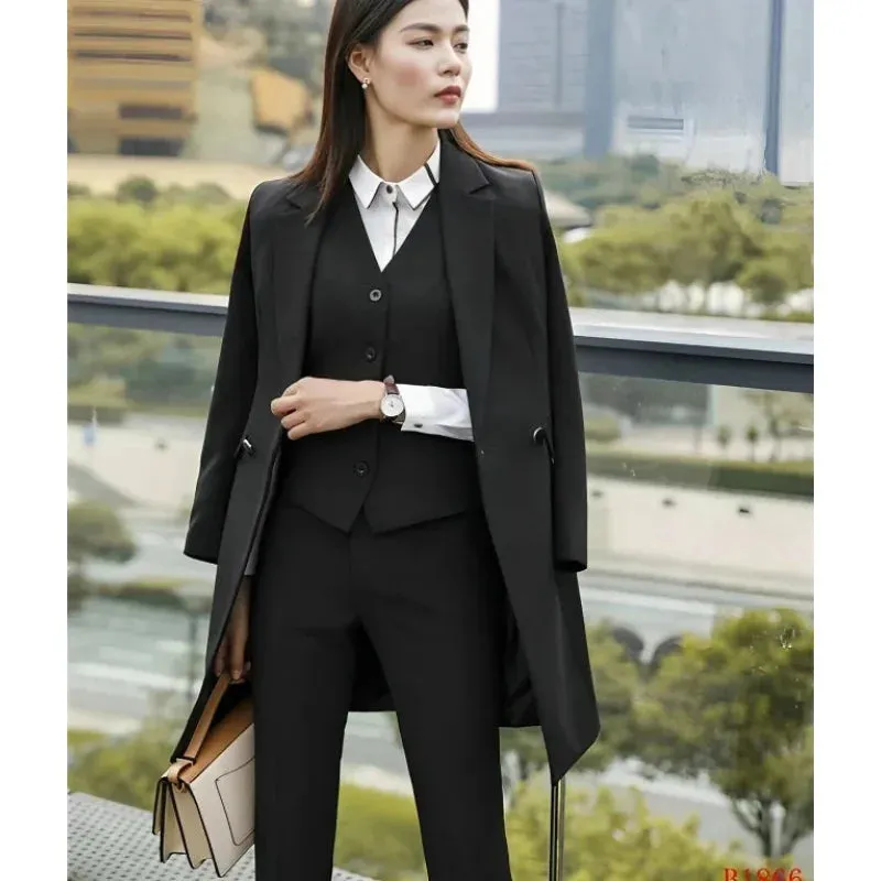 Women's Black Winter Formal Office Blazer Vest Pant 3pcs Work Wear Set