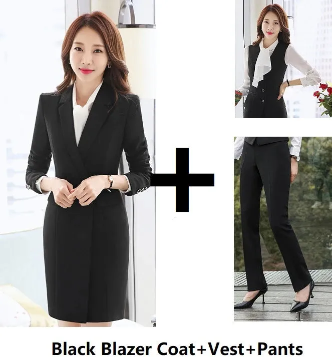 Women's Black Winter Formal Office Blazer Vest Pant 3pcs Work Wear Set