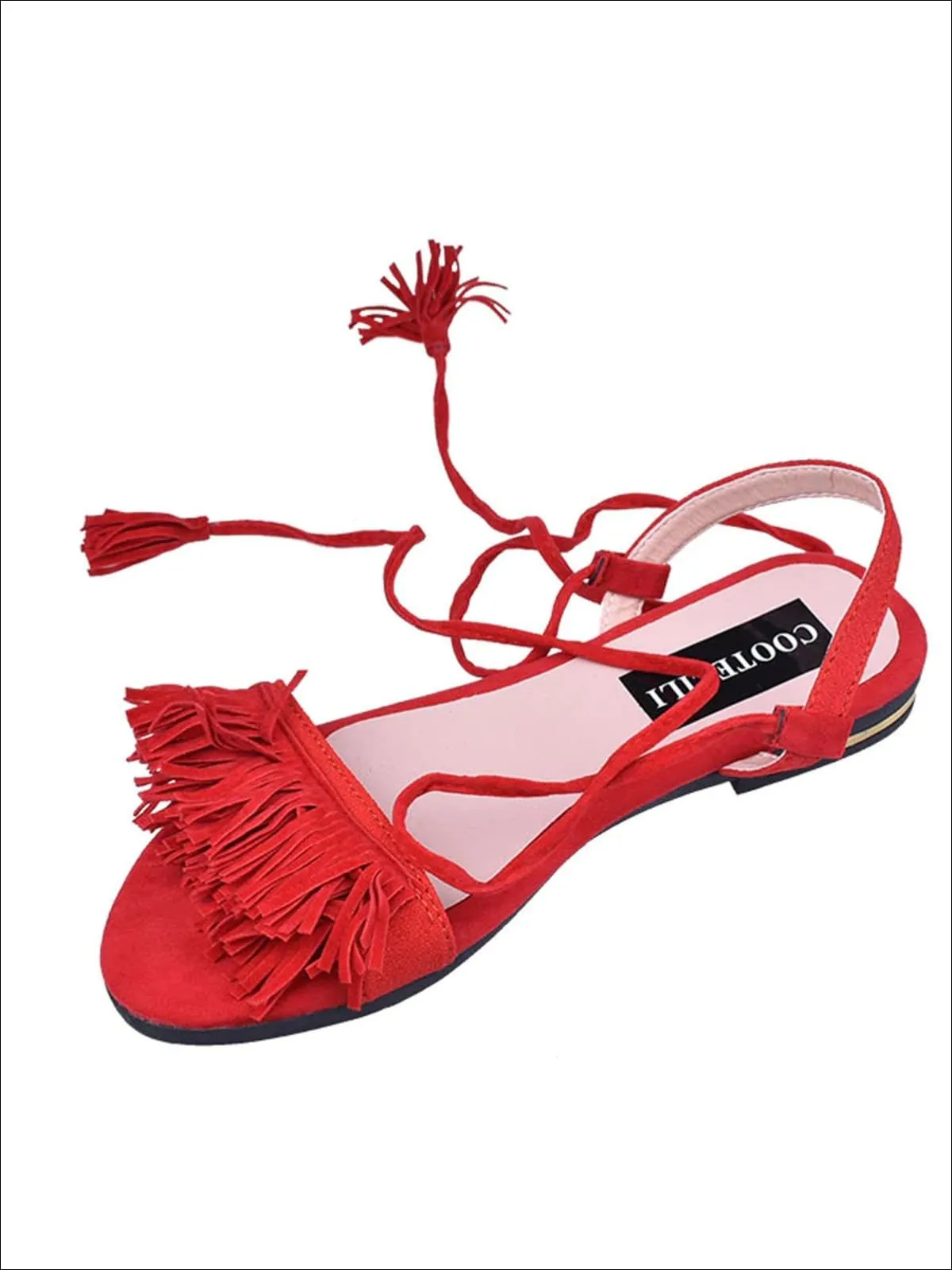 Women's Fringe Lace Up Flat Sandals By Liv and Mia