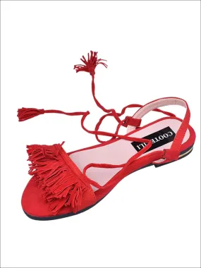 Women's Fringe Lace Up Flat Sandals By Liv and Mia