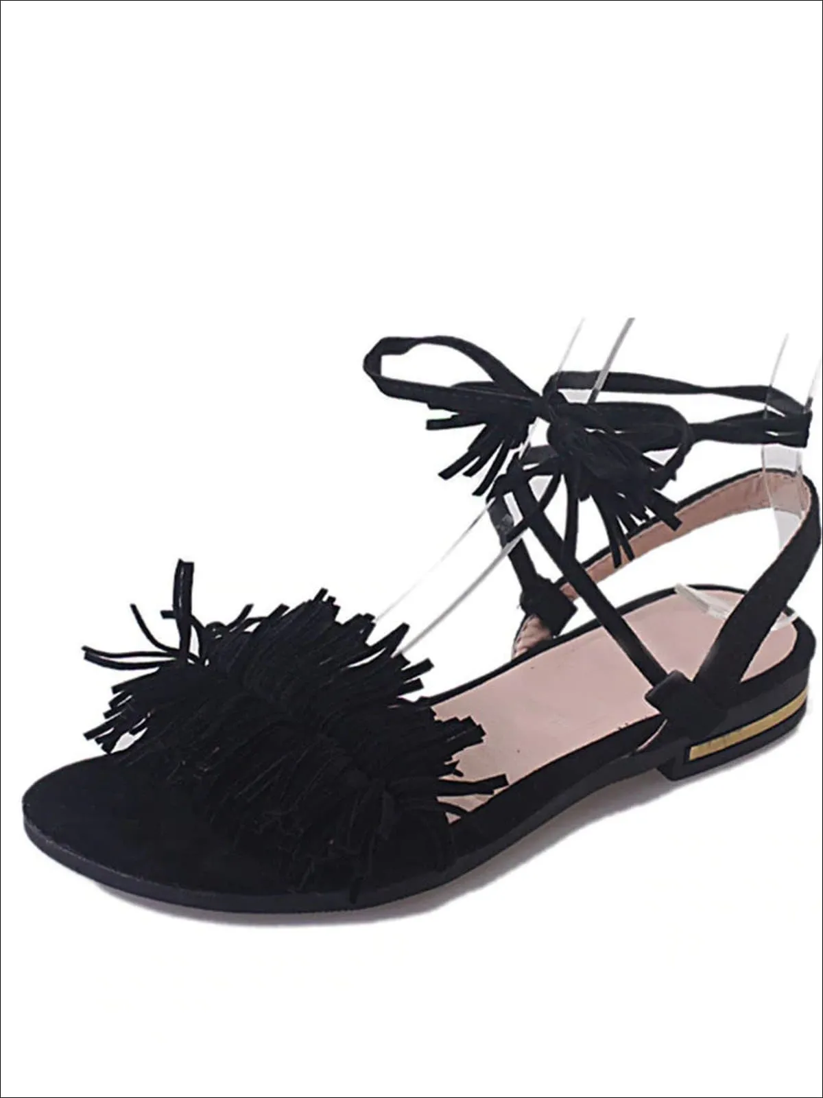 Women's Fringe Lace Up Flat Sandals By Liv and Mia