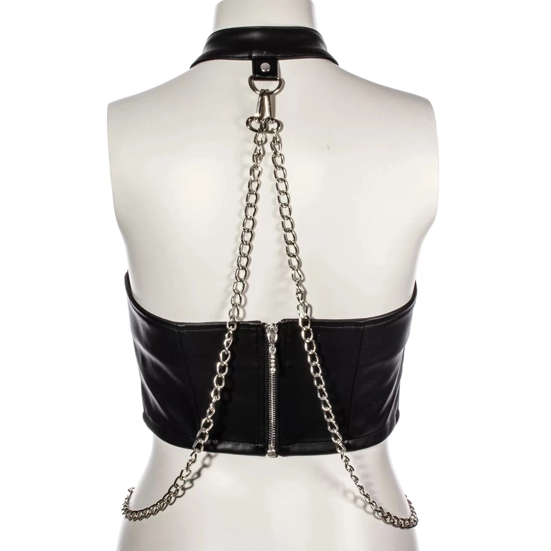 Women's Punk Halterneck Faux Leather Vest with Chain