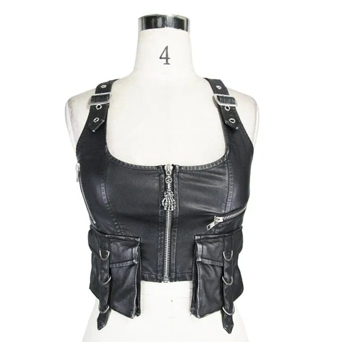 Women's Punk Military Style Faux Leather Vest with Pockets