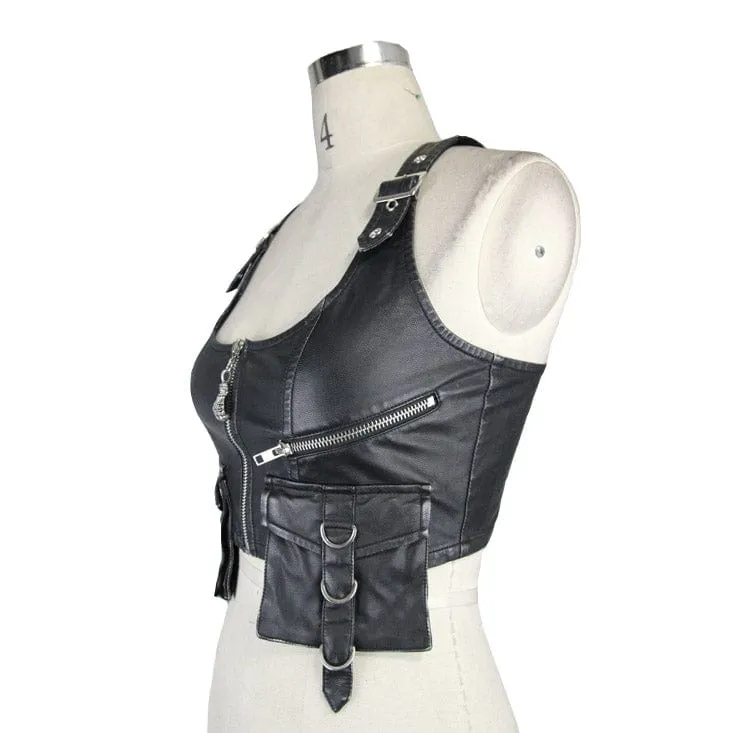 Women's Punk Military Style Faux Leather Vest with Pockets