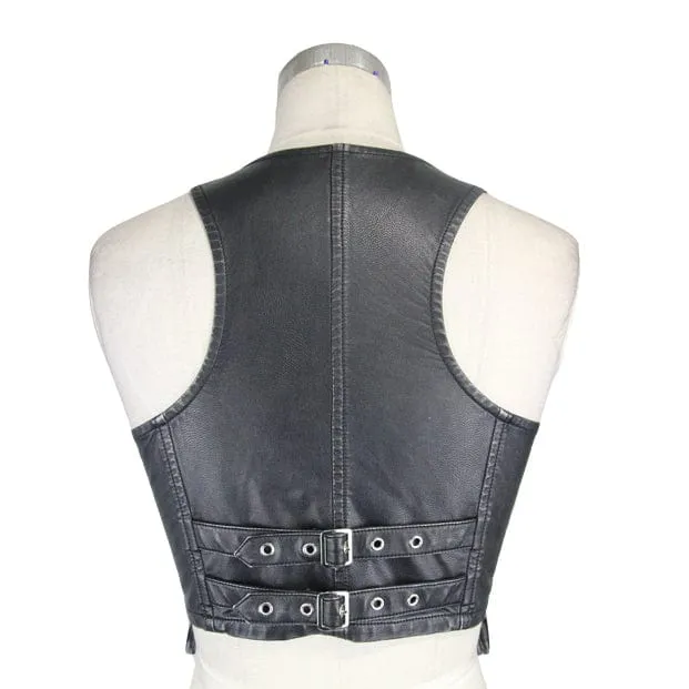 Women's Punk Military Style Faux Leather Vest with Pockets