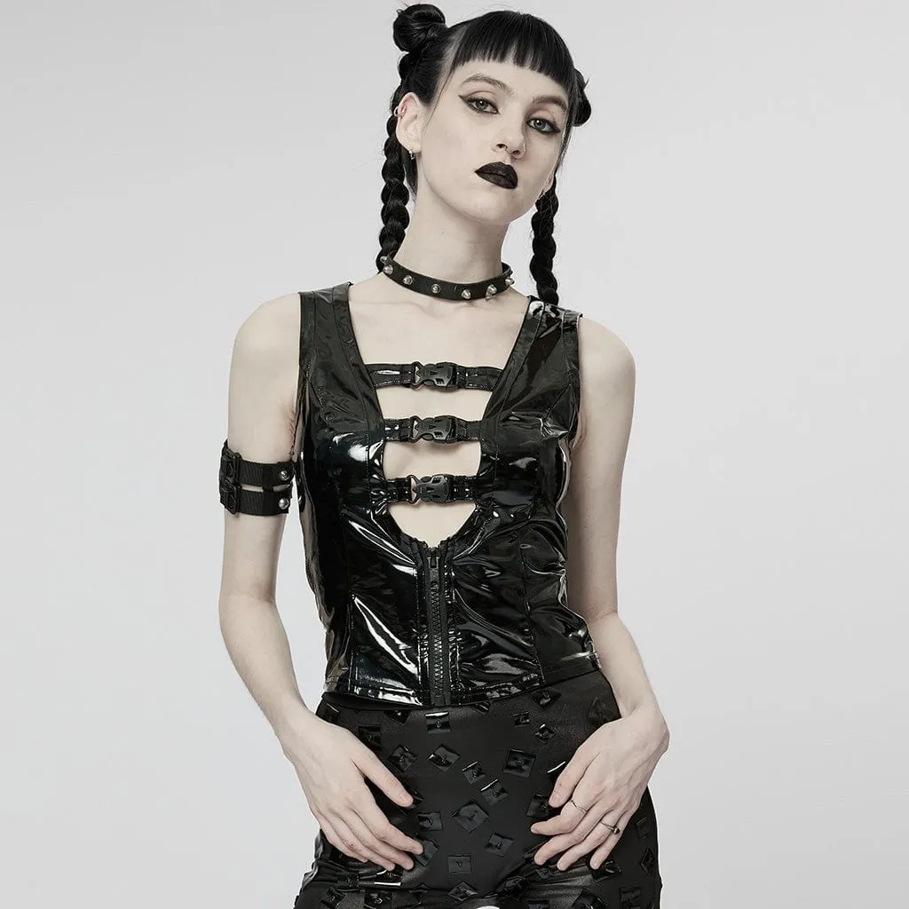 Women's Punk Plunging Buckles Patent Leather Vest