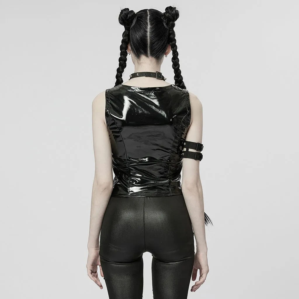 Women's Punk Plunging Buckles Patent Leather Vest