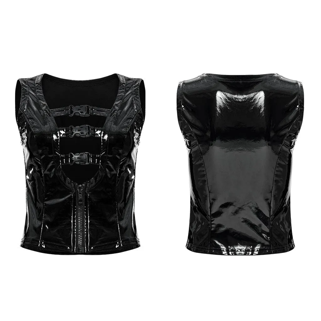 Women's Punk Plunging Buckles Patent Leather Vest