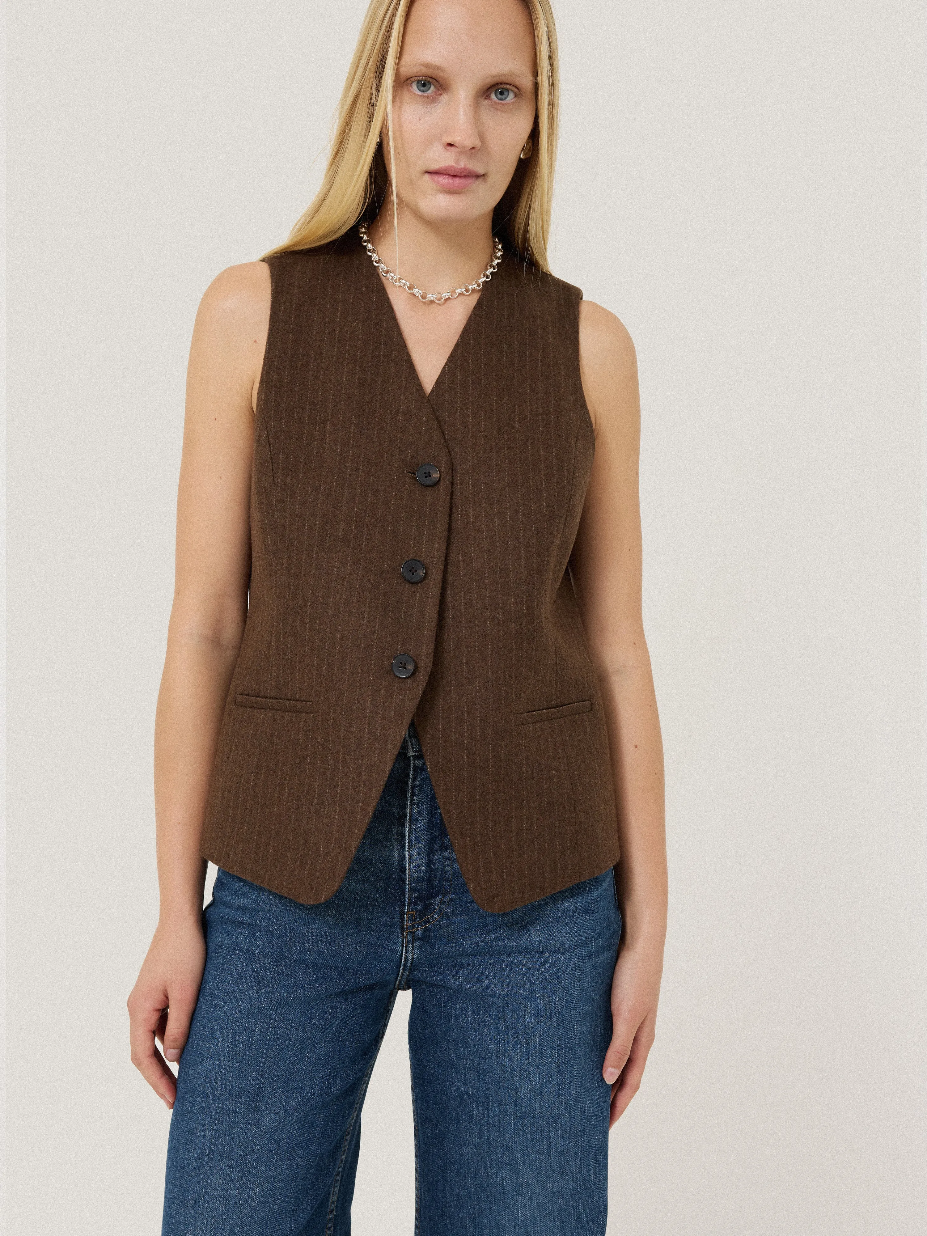 Wool Pinstripe Waistcoat | Brown