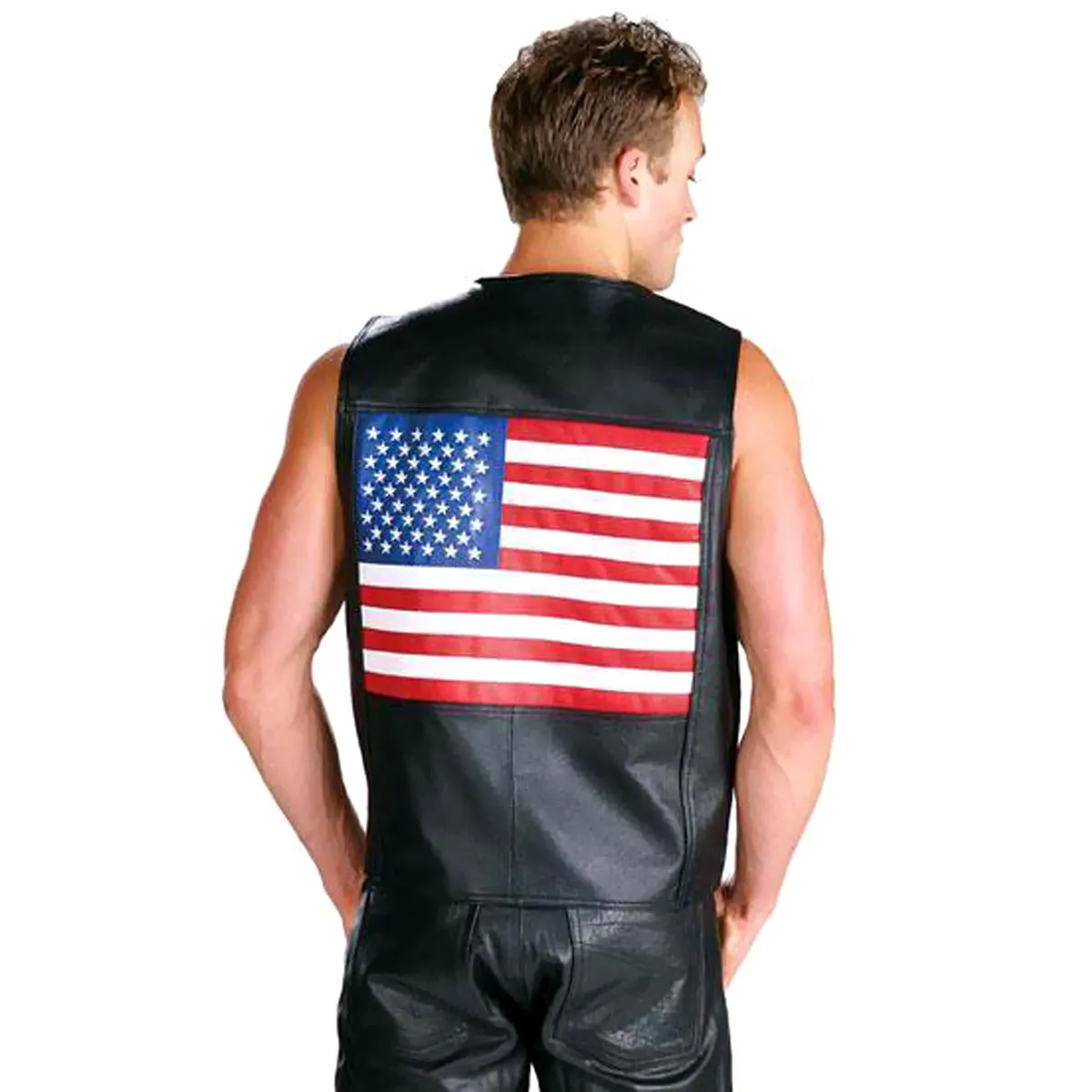 Xelement 202 USA Flag Motorcycle Leather Vest For Men - US Flag Design - Premium Genuine Biker Club Gilet