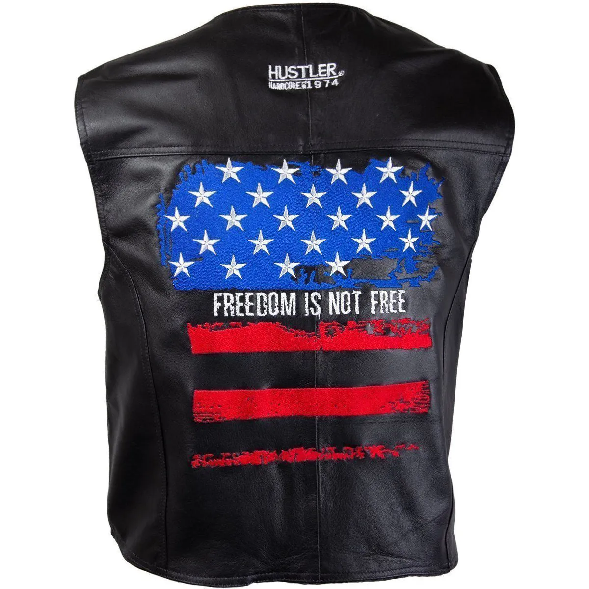 Xelement HSVT 210 Hustler US Flag Motorcycle Leather Vest For Men - Freedom is Not Free - Premium Genuine Biker Club Gilet