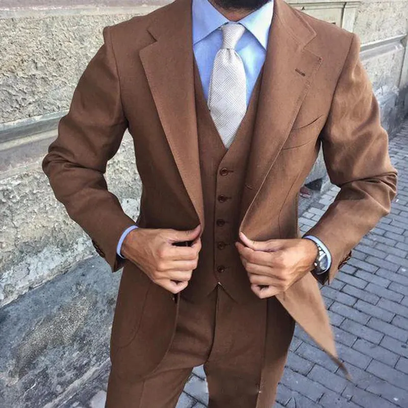 Xituodai Latest Design Brown Man Work Suit Groom Tuxedos Notch Lapel Mens Business Suits Wedding  Dress Suit Sets (Jacket+Pants+